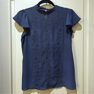 Navy Flutter Sleeve Mock Neck Blouse
